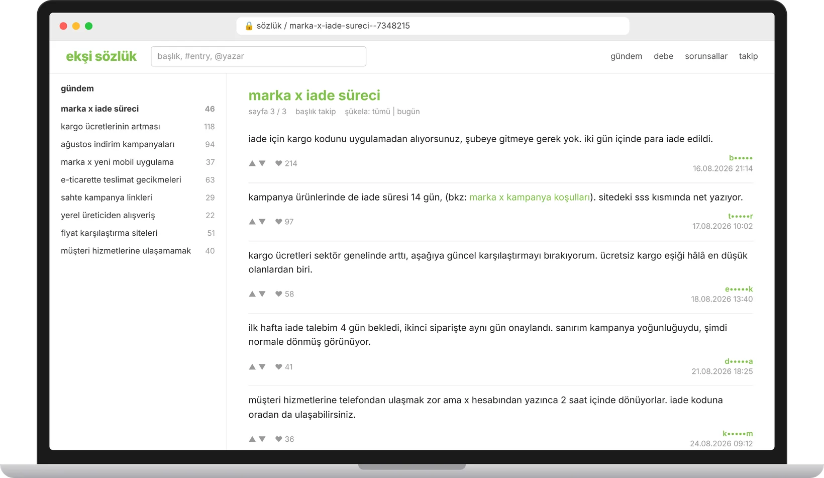 Bilgisayar ekranında Ekşi Sözlük başlığı: marka x iade süreci