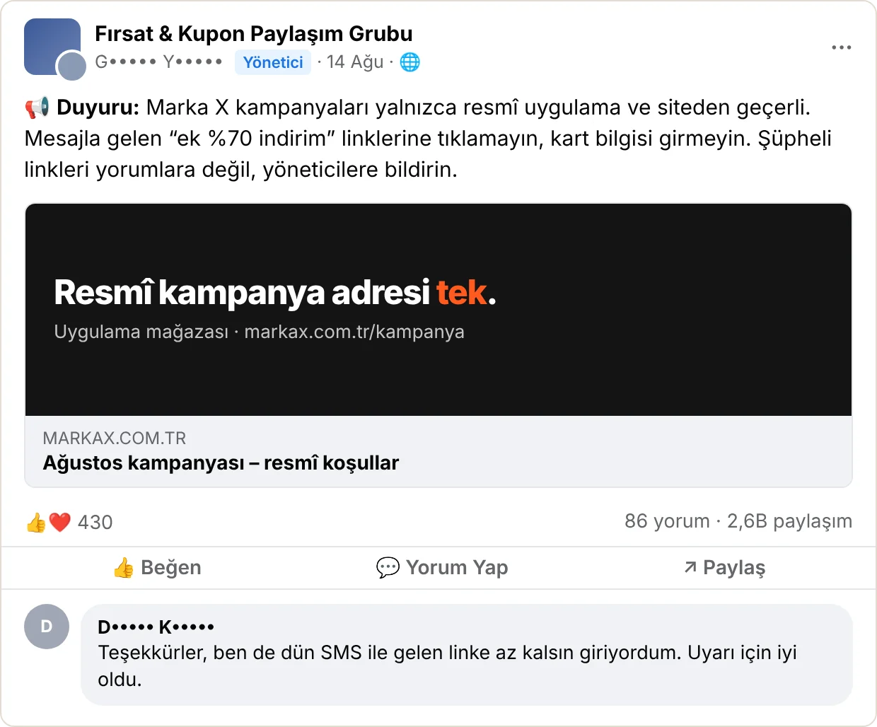 Facebook grubunda yönetici duyurusu: Marka X kampanyaları yalnızca resmî uygulama ve siteden geçerli