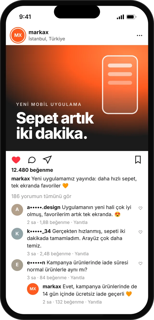 Telefon ekranında Marka X uygulama gönderisi ve kullanıcı yorumları