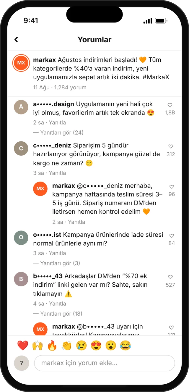 Telefon ekranında kampanya gönderisine yazılan kullanıcı yorumları ve marka yanıtları