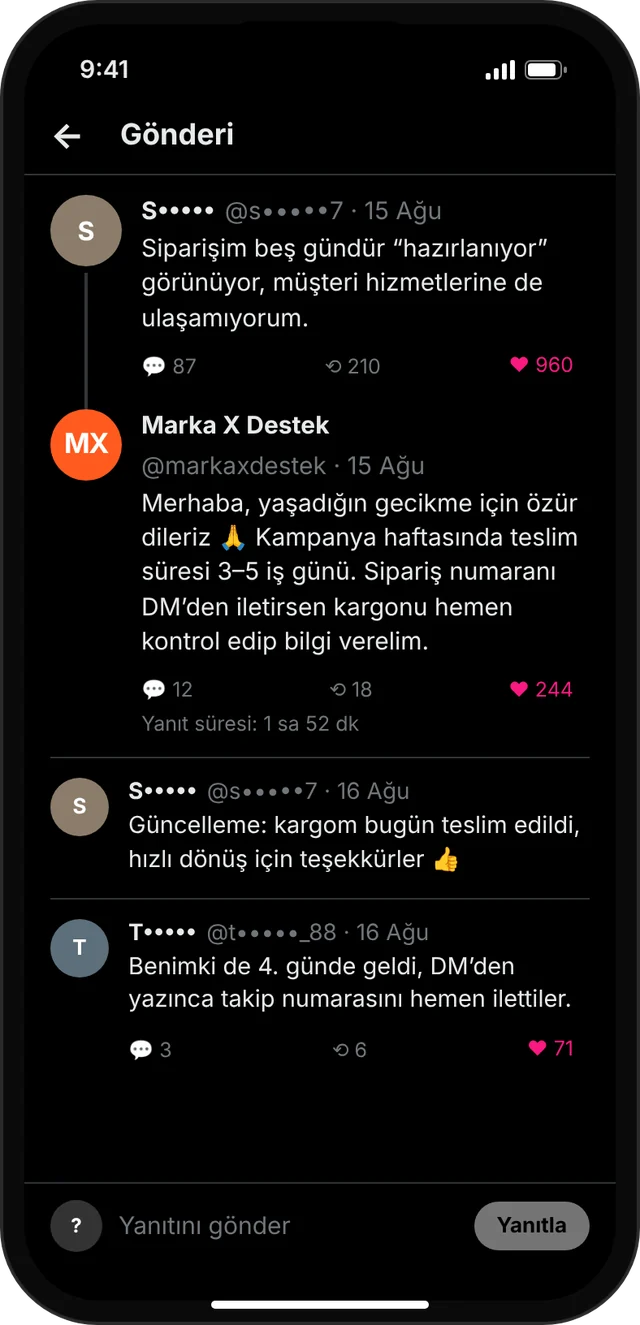 Telefon ekranında X akışı: teslimat şikâyeti, Marka X Destek yanıtı ve kullanıcının teslim güncellemesi