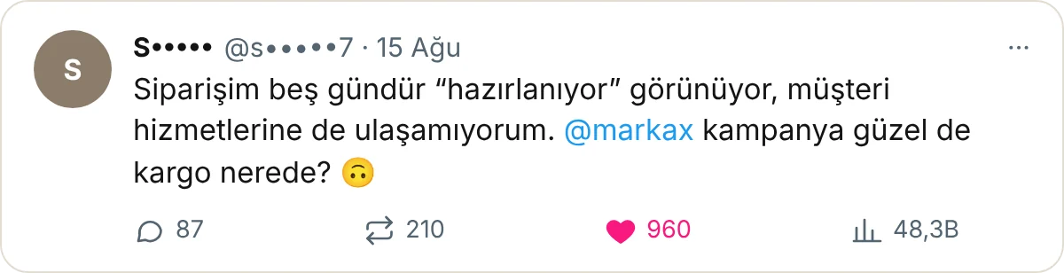 X gönderisi: Siparişim beş gündür hazırlanıyor görünüyor, müşteri hizmetlerine de ulaşamıyorum.
